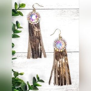 Bohemian Country-Chic Cowhide Fringe Earrings with Crystal Accents